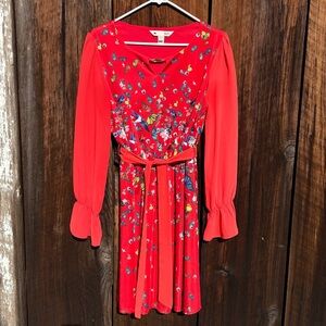 Yumi Red Floral Butterfly-Print Belted Short Dress, Long-Sleeve Size 8 preowned